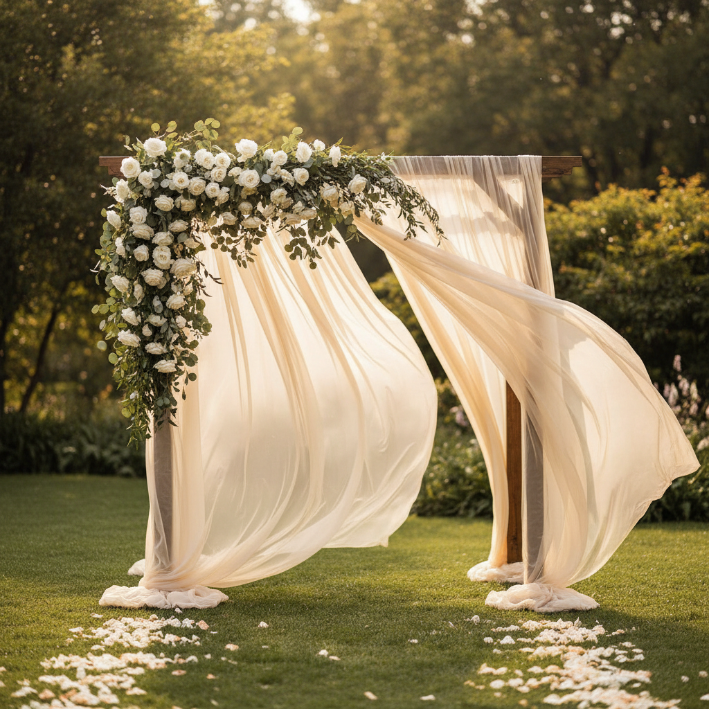 Matching Outdoor Sheer Curtain Drape Backdrops to Your Wedding Ceremony: A Practical Style and Setup Guide for Garden Weddings, Arch Moments, and Open-Air Receptions