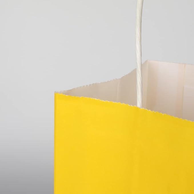 Oikss 50 Pack 8x4.75x10 Inch Medium Yellow Kraft Paper Bags with Handles Bulk for Birthday Wedding Party Favors Grocery Retail Shopping Takeout Business Goody Craft Gift Bags Sacks, (50pcs Count)