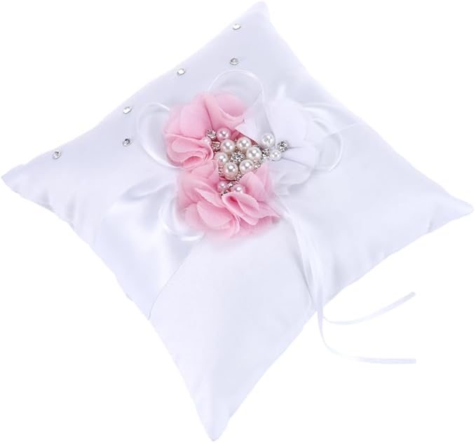 PRETYZOOM 2Pcs Pink Ring Bearer Pillow Set - Satin & Ribbon Decorative Wedding Ring Holder with Flower Design for Ceremony