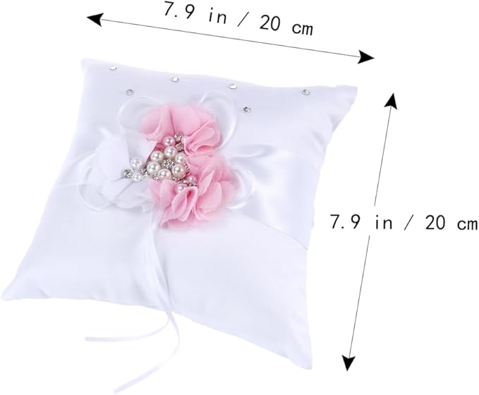 Wedding Ring Pillow Cushion with Pearl and Flower Decoration Elegant White Pink Ring Bearer Pillow for Wedding Ceremonies and Special Occasions