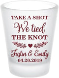 Personalized wedding favor shot glasses, FROSTED shot glass, take a shot we tied the knot