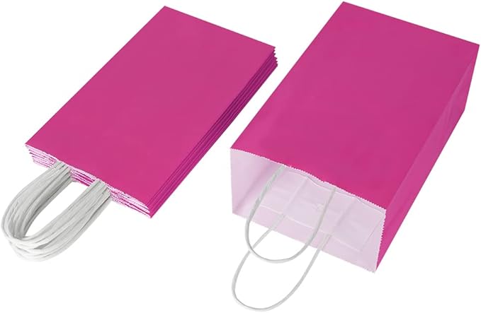 Oikss 50 Pack 5.25x3.25x8.25 Inch Small Hot Pink Kraft Paper Bags with Handles Bulk for Birthday Wedding Party Favors Grocery Retail Shopping Business Goody Craft Gift Bags Sacks (Fuchsia 50pcs Count)