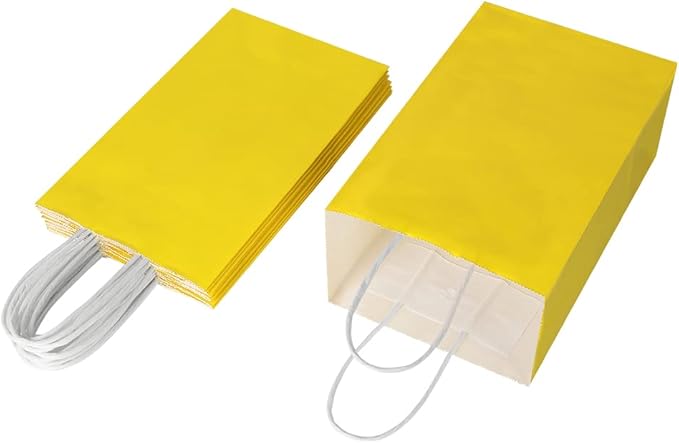 Oikss 50 Pack 5.25x3.25x8.25 Inch Small Yellow Kraft Paper Bags with Handles Bulk for Birthday Wedding Party Favors Grocery Retail Shopping Business Goody Craft Gift Bags Cub Sacks, 50 Count