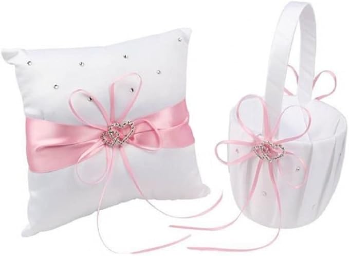 The Crafty Owl 2 Heart Rhinestones Ivort/Blue, Red, Purple, Black Trimming, Burlap,Pink Flowers or Champagne Satin Wedding Ring Bearer Pillow and Basket Set (White with Pink Trimming)