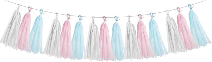 Gender Reveal Decorations Blue Pink - 15pcs Tissue Paper Tassel Garland Baby Gender Reveal Party Supplies Gender Reveal Theme Decor Gold Birthday Hanging Decor Ideas HongTongTong