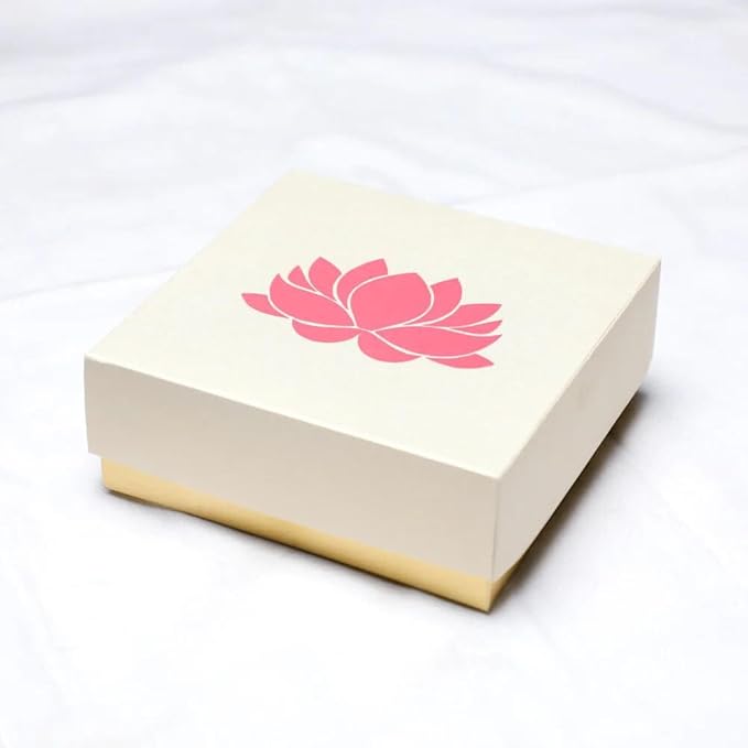 Lotus Printed White Sweet Boxes for Indian Sweets, Cookies, Goodies, Mithai, Candy, Gift Boxes with Lids Bulk, Handmade Bulk Mithai Box, Favor Boxes for Wedding, 2.95x5.51 Inch (Pack of 4)