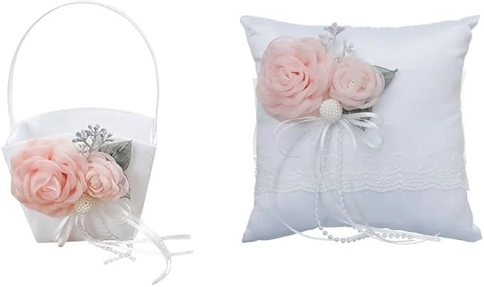 The Crafty Owl 2 Heart Rhinestones Ivort/Blue, Red, Purple, Black Trimming, Burlap,Pink Flowers or Champagne Satin Wedding Ring Bearer Pillow and Basket Set (White Lace Pink Flower Rectangular)