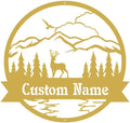 RealSteel Personalized Metal Wall Art - Circular Nature Scene with Mountains, Lake, Deer & Bird - Custom Name on Banner - Outdoor Landscape Decor for Home & Gifts - Gold, 36"