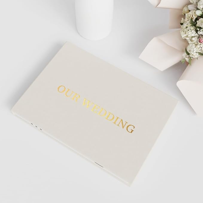 OUR WEDDING - GOLD FOIL Luxury Linen Bound Video Book Video Album Up to 2.5 hours of video, 7” IPS Display, 4GB of memory & Rechargeable Battery (OUR WEDING), White