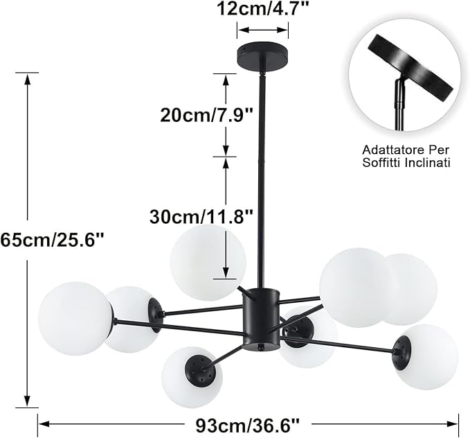 KCO Lighting Black Sputnik Chandelier Ceiling Mount 8-Light Glass Globe Sputnik Chandelier Mid Century Modern Chandelier Light Fixture Kitchen Island Sputnik (Black+White)