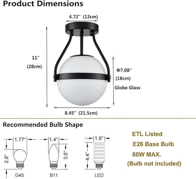 HOLKIRT Modern Globe Semi Flush Mount Ceiling Light,Black Ceiling Light Fixture with Opal Glass 7Inch/18CM,Mid Century Kitchen Light Fixtures Hallway Light Fixtures Ceiling for Bedroom Kitchen