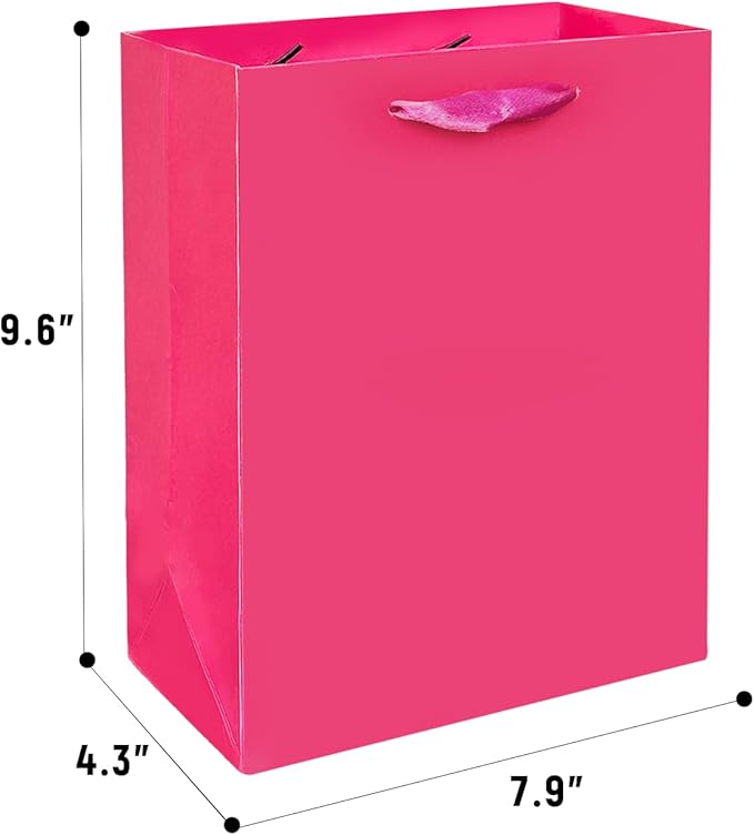 Gcardist Bright Pink Gift Bags with Tissue Paper for Wedding, Birthday, Party Supplies-7.9"x4.3"x9.6" Medium Size Cardboard Gift Bags（16pcs Bags +32pcs Tissue Paper ）