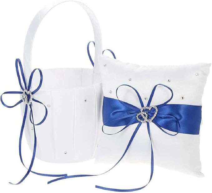 The Crafty Owl 2 Heart Rhinestones Ivory/White/Blue Trimming/Red Trimming Satin Large Wedding Ring Bearer Pillow and Basket Set (White with Blue Trimming)