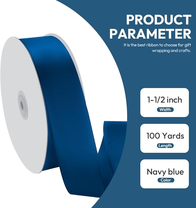 1-1/2" x 100 Yards Satin Ribbon - Wide Silk Navy Blue Ribbon with Spool - Ideal for Gift Wrapping, Floral Bouquets, Crafts, Wedding Party Decorations, Christmas and Sewing Projects
