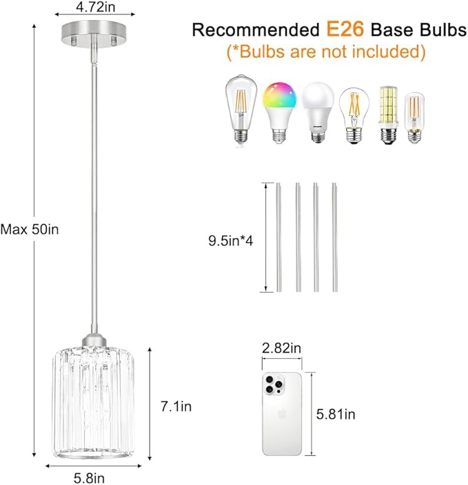 Chrome Kitchen Pendant Lights Over Island with Adjustable Rods - Crystal Pendant Lighting Fixtures for Sloped Ceiling, Ideal Over Dining Table or Bar, E26 Bulb Compatible, No Electrician Needed