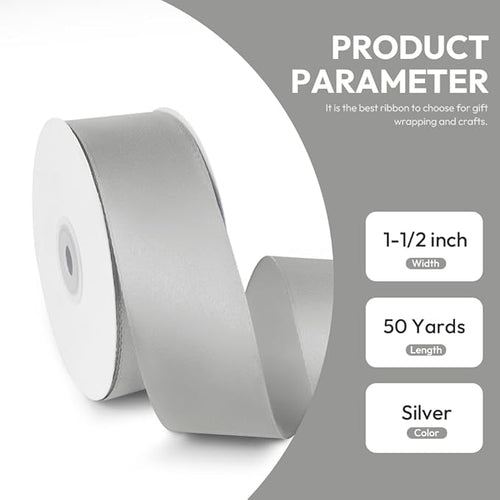 1-1/2" x 50 Yards Satin Ribbon - Silver Silk Ribbon with Spool - Ideal for Gift Wrapping, Floral Bouquets, Crafts, Wedding Party Decorations, Christmas and Sewing Projects