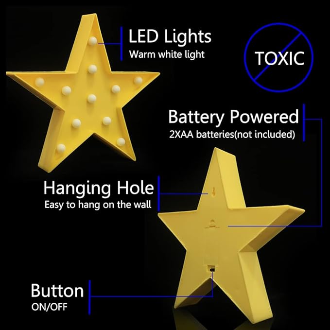 LED Marquee Star Sign Night Light, Battery Operated Star Shape Desk Table Lamp for Kids, Baby, Child, Girl Gift, Nursery Room, Wall Decor - Yellow