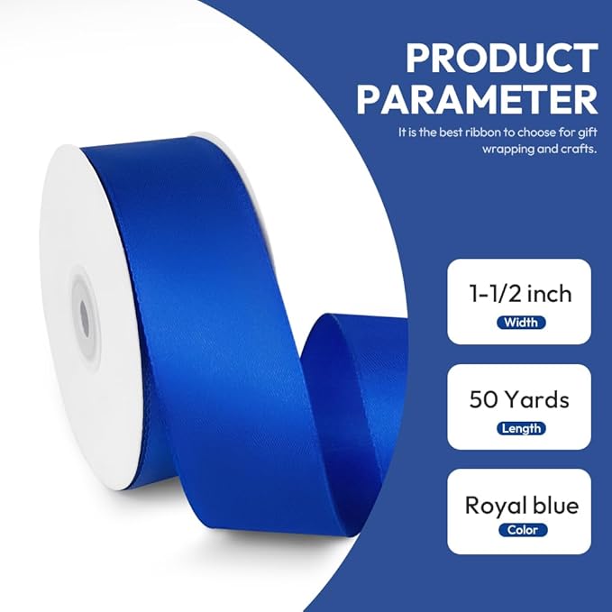 1-1/2" x 50 Yards Satin Ribbon - Roya Blue Silk Ribbon with Spool - Ideal for Gift Wrapping, Floral Bouquets, Crafts, Wedding Party Decorations, Christmas and Sewing Projects