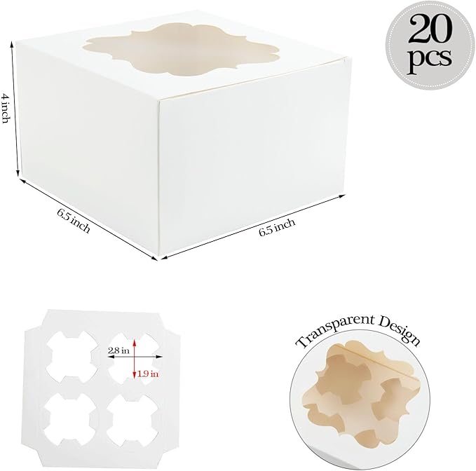20 PCS 6.5 x 6.5 x 4 inch Paper, Cupcake Boxes with Inserts and Window Hold 4 Cupcakes, Bakery Boxes For Cupcakes Carrier, Cupcake Containers (White-4 Holes)