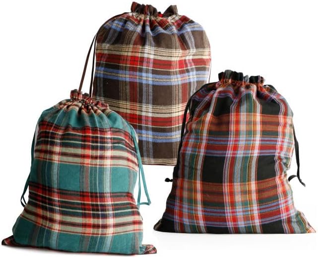 Meseey Large Christmas Gift Bags with Drawstrings Red Green Buffalo Plaid Reusable Sacks Bags Brown Black Gingham Pouch Bag for Thanksgiving Party Gift Wrapping(3 color, 15x20 Inch)