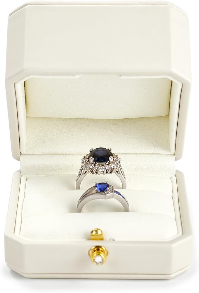 Oirlv Premium Leather Double Ring Box for Wedding Ceremony Engagement Ring Bearer Couple Jewelry Gift Box(White,Double)