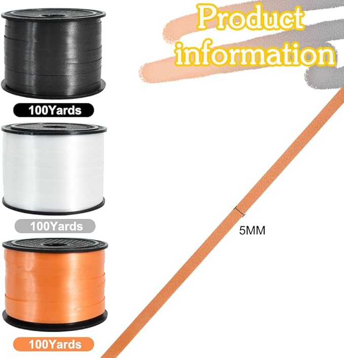 BEISHIDA 3 Pack 100 Yards Black White Orange Curling Crimped Thin Curly Ribbon Balloon String Gift Wrapping Ribbon Birthday Party Halloween Art Craft Decor Decoration