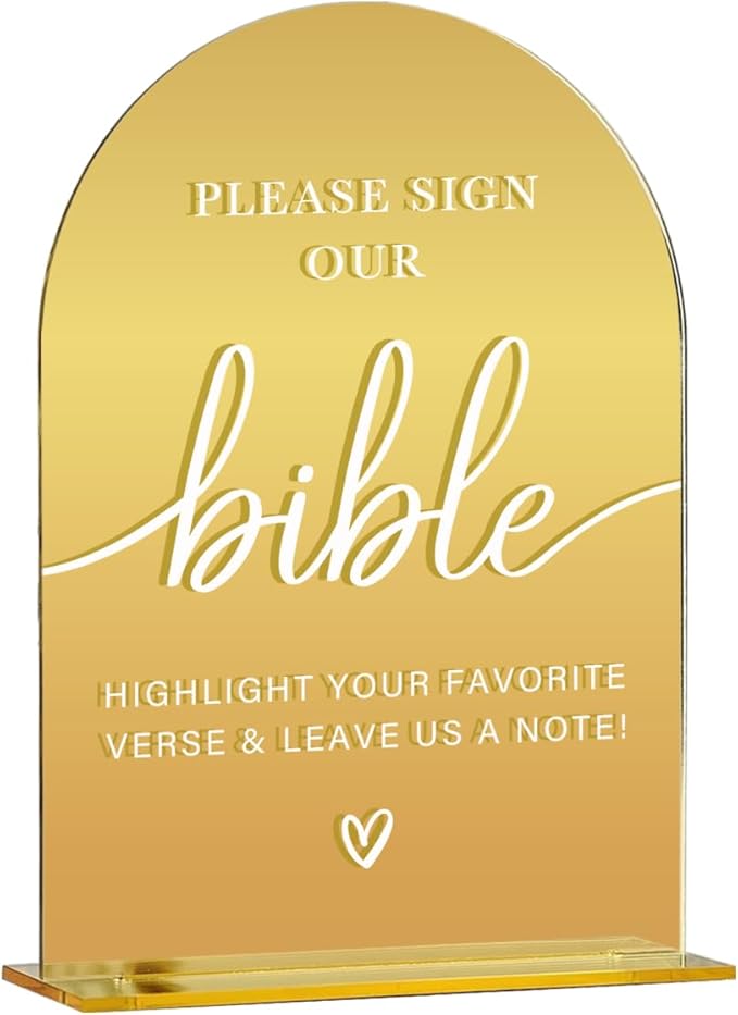 Acrylic Wedding Sign, Bridal Shower Decorations, Please Sign Our Bible Sign for Ceremony, Modern Font Table Signs, Gold Mirror Arched Acrylic Tabletop Signs for Wedding Reception and Event Party