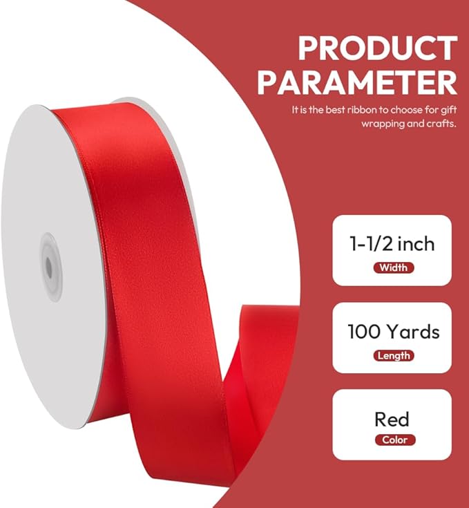 1-1/2" x 100 Yards Satin Ribbon - Wide Silk Red Ribbon with Spool - Ideal for Gift Wrapping, Floral Bouquets, Crafts, Wedding Party Decorations, Christmas and Sewing Projects