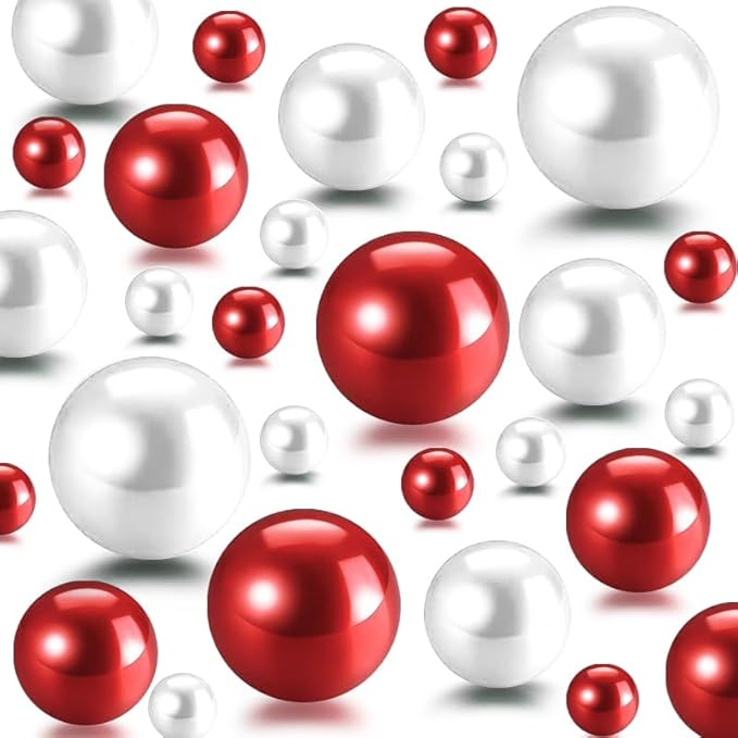 150Pcs Red&White Polished No Hole Pearl Beads Vase Filler, Christmas Vase Filling Decorations, Plastic Pearls, Table Scatters, Wedding Home Decor, 8/14/20 mm