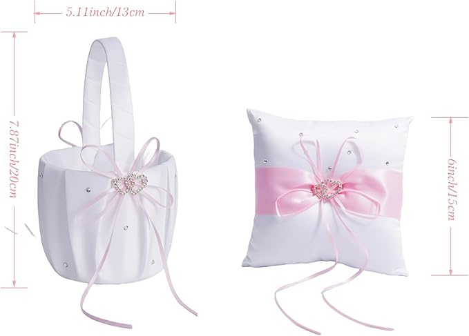 QIRMIZI Wedding Ring Pillow and Flower Girl Basket Set – Adorned with Pearl Rhinestones, White Satin,Pink