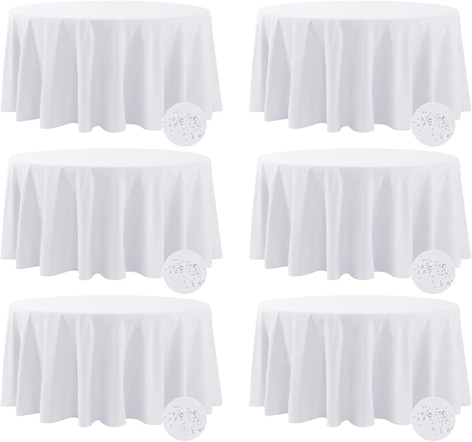 Fokitut 6 Pack Waterproof Round Tablecloth, 120 Inch, Stain Resistant and Wrinkle Polyester Table Cloth, Fabric Table Cover for Kitchen Dining, Wedding, Party, Holiday Dinner-White
