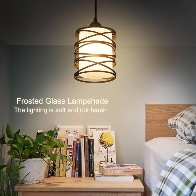 3-Pack Modern Mini Pendant Light Fixture Kitchen Island Pendant Lighting 6.3''Matte Black Spiral Cage and Handblown Frosted Glass Shade Adjustable Cord for Dining Room Hallway Entryway