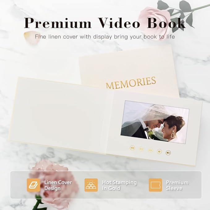 MEMORIES - GOLD FOIL Luxury Linen Bound wedding Video Book wedding Album Up to 3 hours of video, 7” IPS Display, 4GB of memory & Rechargeable Battery (MEMORIES)