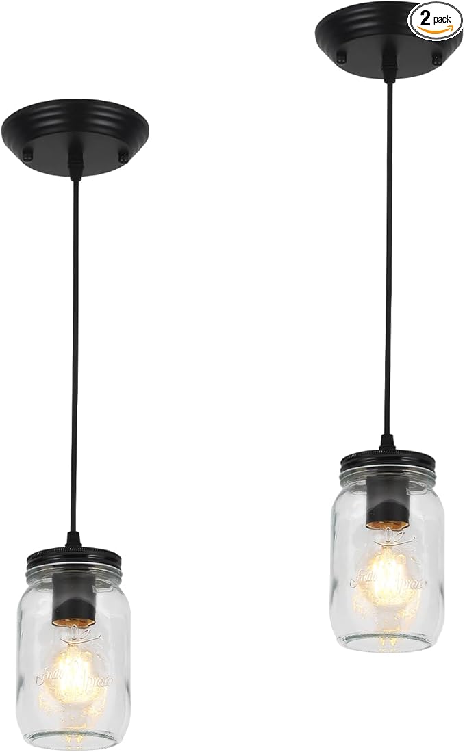 Black Pendant Lights, 2 Pack Clear Glass Pendant Lights Kitchen Island, Farmhouse Mason Jar Pendant Lighting, Mini Hanging Lights for Kitchen Sink Dining Room Bedroom Hallway