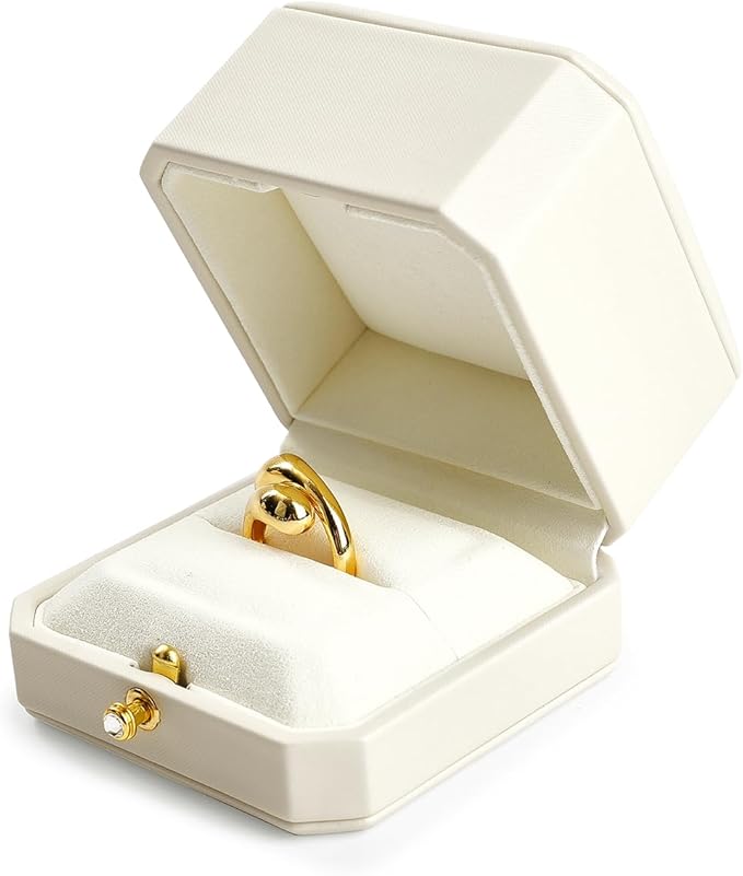 Oirlv Luxury Leather Ring Box for Jewelry Gift Octagon Women Ring Holder for Wedding Day, Proposal, Engagement, Anniversary(White,Single)