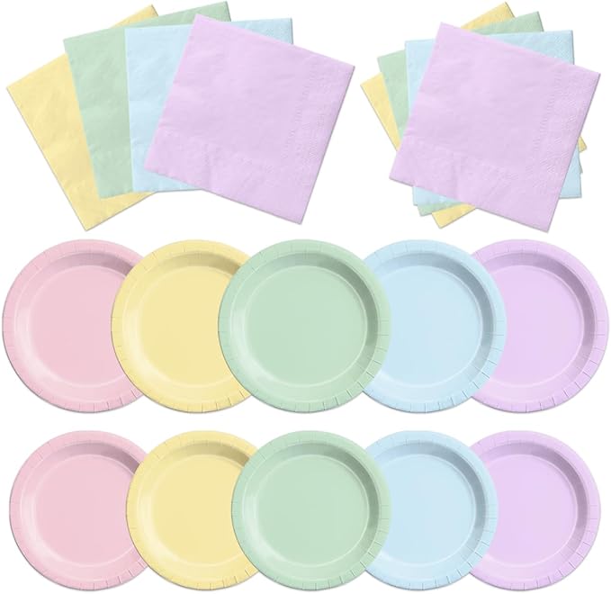 CMUSKO Pastel Party Decorations-150Pcs Rainbow Plates and Napkins Pastel Colorful Tableware Serves 50,for Girl Birthday,Baby Shower,Wedding
