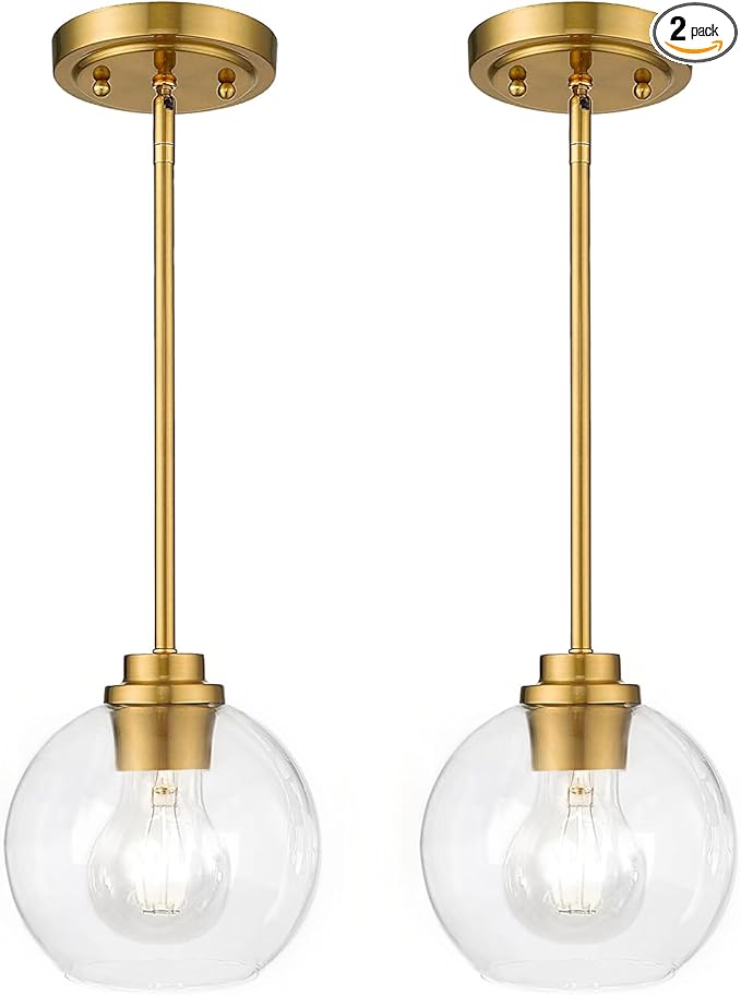 Globe Glass Pendant Lights Kitchen Island, Farmhouse Gold Pendant Lights with Clear Glass Shade,Adjustable Hanging Light Fixture for Dining Room, Entryway, Bedroom 2 Pack