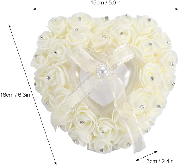 Hilitand Wedding Cushion Pillow Romantic Heart Shaped Wedding Box Rose Rhinestone Decorative Jewellery Boxes(Milky White)