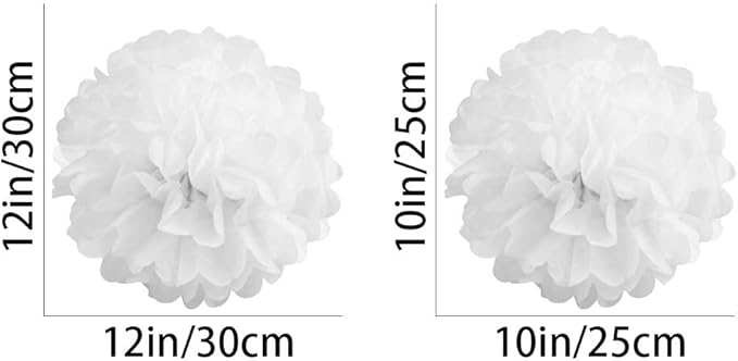 White Paper Pom Poms - Party Tissue Paper Flowers Balls - Party Hanging Decoration Supplies - Size of 10inch, 12inch, Great for Wedding, Birthday, Any Parties and Events (12 PCS)