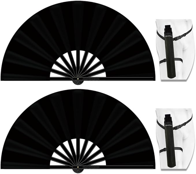 13" Large Folding Rave Fan with Holster, Clack Hand Fans Foldable for Line Dancing, Boots On The Ground Fan for Women Men Festival EDM Party Decoration, Black 2 Pack