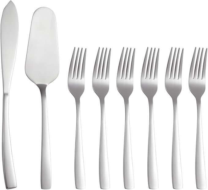 Cake Knife and Server Set with 6 Cake Forks Heavy Duty Thickened 18/0 Stainless Steel Pie Spatula with Comfortable Handle Cake Cutting Set for Wedding (Silver)