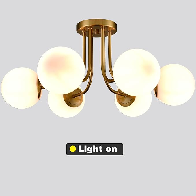 Modern Brushed Brass Gold 6-Light Ceiling Light with Globe White Glass Shade Semi Flush Mount Light Fixture for Dinning Room Foyer Hallway Sputnik Chandeliers