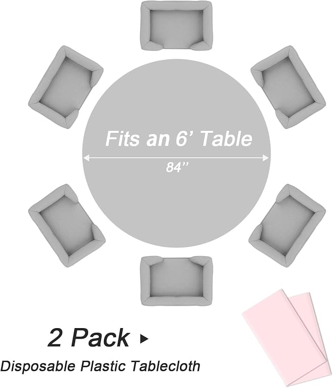 QIKSION Pink Round Tablecloth 2 Pack, 84 Inch Plastic Table Cloth Disposable for Parties