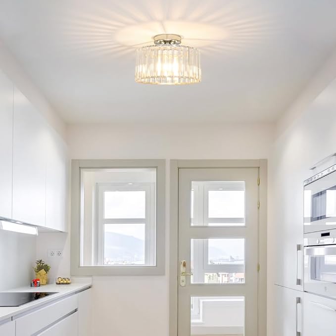 Crystal Ceiling Light Fixture, Chrome Close To Ceiling Light Fixtures, Modern Semi Flush Mount Ceiling Light, Hallway Lighting Fixture Chandelier for Bathroom Bedroom Porch Kitchen Living Room, 11in