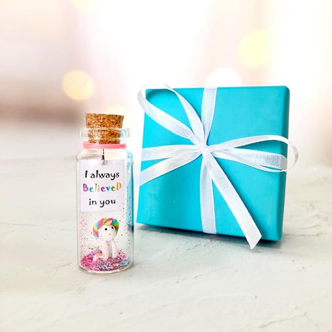 Kseniya Revta Inspirational Message in a Bottle Gift Idea - Classy Gifts for Friends and Family - Unique Boyfriend Girlfriend Presents (White Unicorn - I Always Believed in You, in Teal Gift Box)