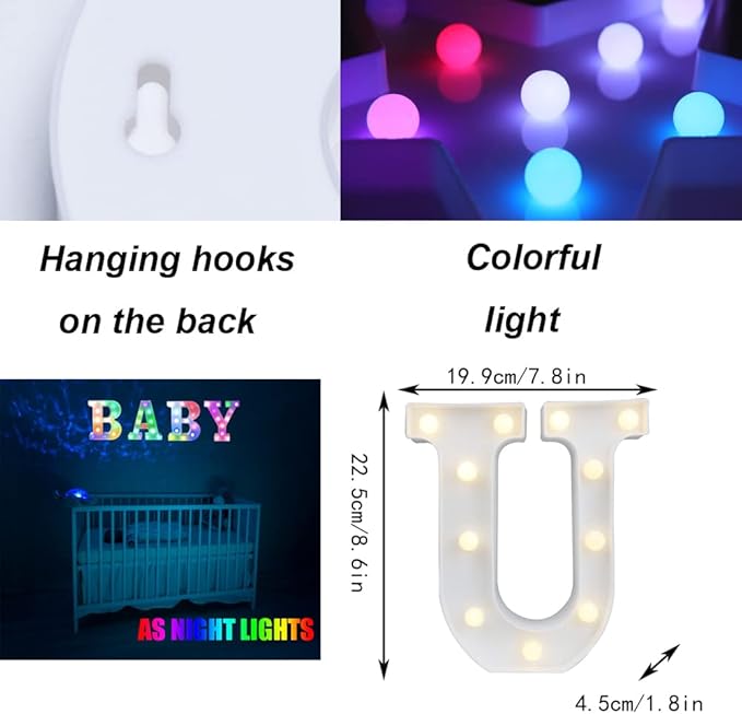Light Up Colorful LED Marquee Letter lights, 18 Colors Changing Alphabet Letters Sign with Remote Timer for Night Light Girls Bedroom Wedding Birthday Party Lamp Christmas Home Bar Decor- Colorful U
