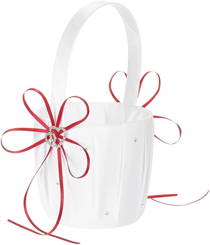 The Crafty Owl 2 Heart Rhinestones Ivory/White/Blue Trimming/Red Trimming Satin Large Wedding Ring Bearer Pillow and Basket Set (White with Red Trimming)