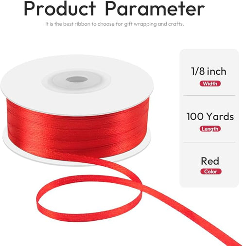 1/8" x 100 Yards Double Faced Satin Ribbon - Thin Silk Red Ribbon with Spool - Ideal for Gift Wrapping, Floral Bouquets, Crafts, Wedding Party Decorations, Christmas and Sewing Projects