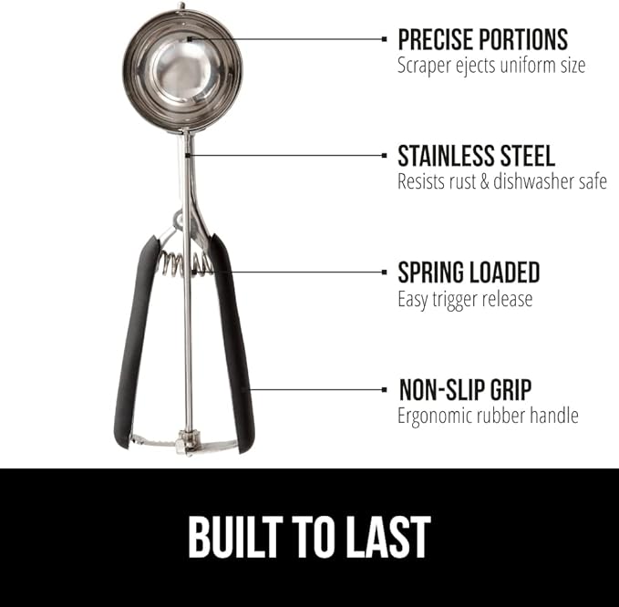 GORILLA GRIP Stainless Steel Cookie Scoop for Baking, 3 TBSP, Multipurpose Melon Baller, Meatball Spring Scoops, Perfect Portion Sizes, Easy Food Release, Scooper Size 20, BPA-Free Kitchen Tool, Black