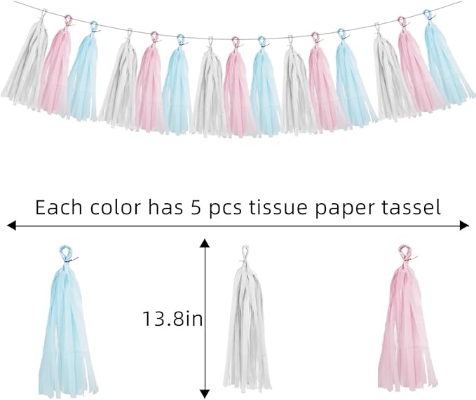 Gender Reveal Decorations Blue Pink - 15pcs Tissue Paper Tassel Garland Baby Gender Reveal Party Supplies Gender Reveal Theme Decor Gold Birthday Hanging Decor Ideas HongTongTong